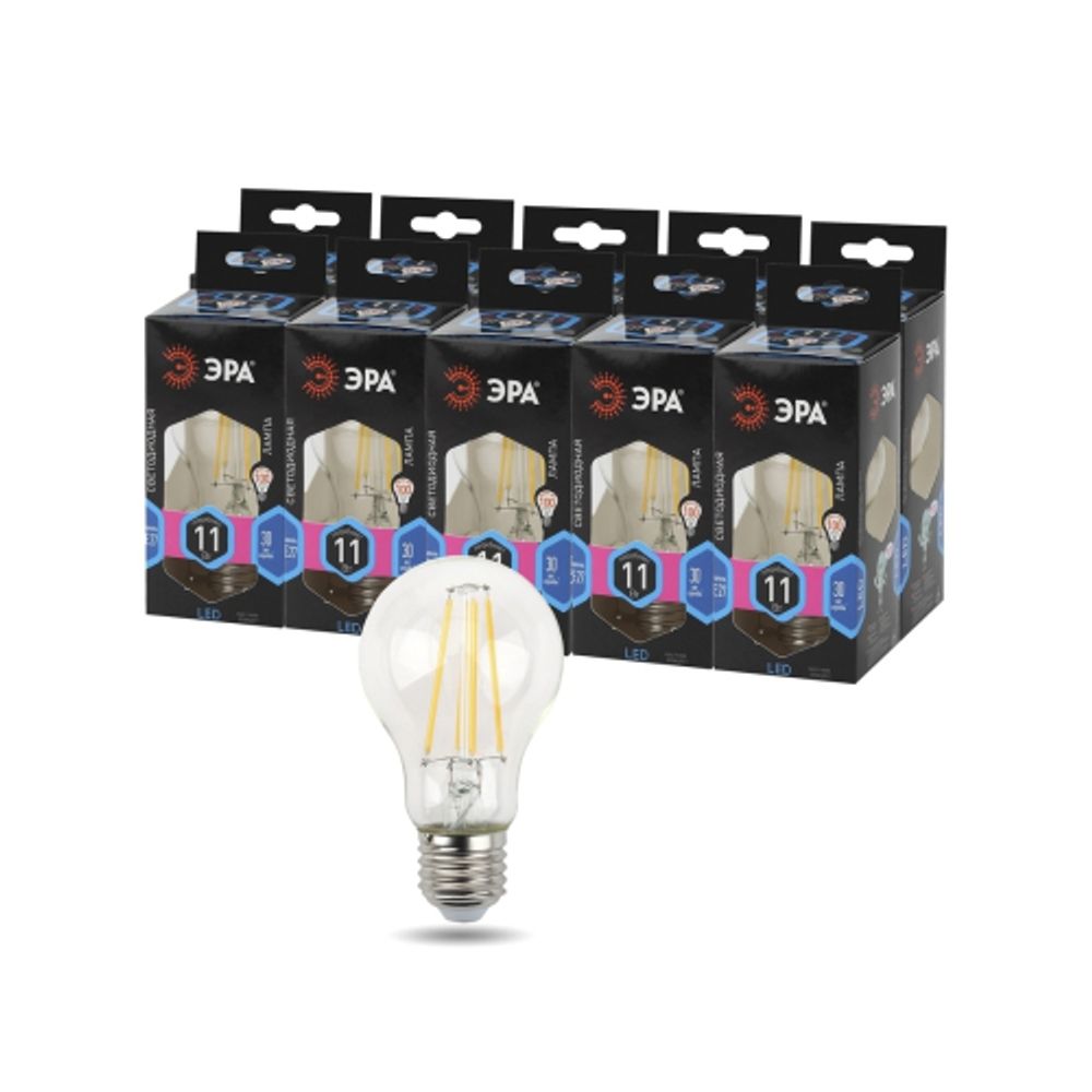 Лампа светодиодная ЭРА F-LED A60-11W-840-E27 11Вт филамент груша нейтральный белый свет E27 | Филаментные декоративные