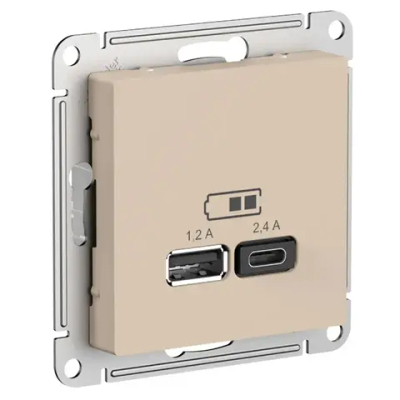 ATLASDESIGN USB РОЗЕТКА А+С, 5В/2,4А, 2х5В/1,2А, механизм, ПЕСОЧНЫЙ