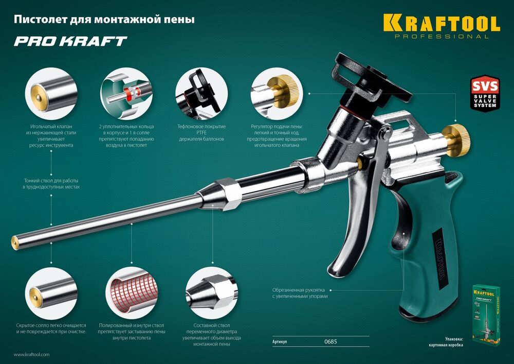 Пистолет для монтажной пены KRAFTOOL ProKraft профессиональный с тефлоновым покрытием держателя
