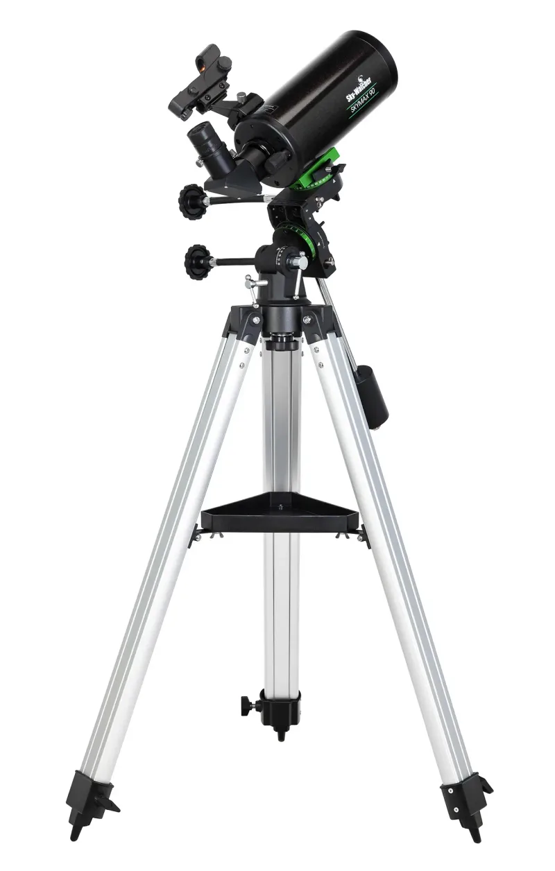 Телескоп Sky-Watcher MAK90 StarQuest EQ1, с коллимационными винтами - вид сзади, на монтажной стойке