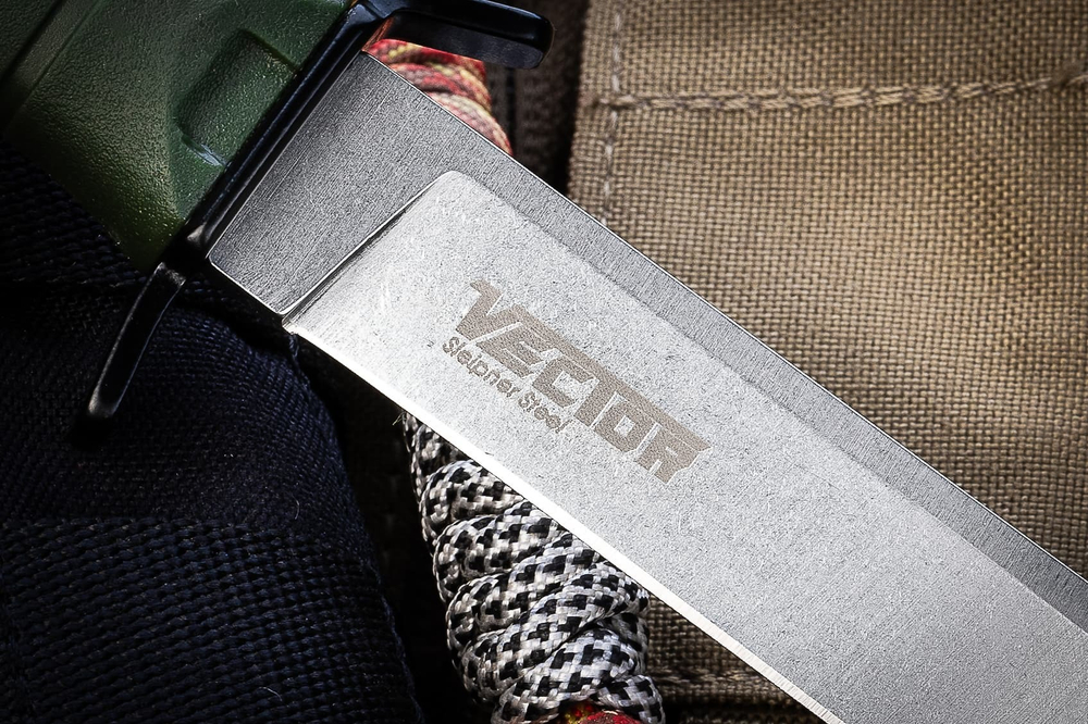 Нож Kizlyar Supreme VECTOR Sleipner SW OKH PS (StoneWash, Oliva Kraton Handle, Polyamide Sheath)