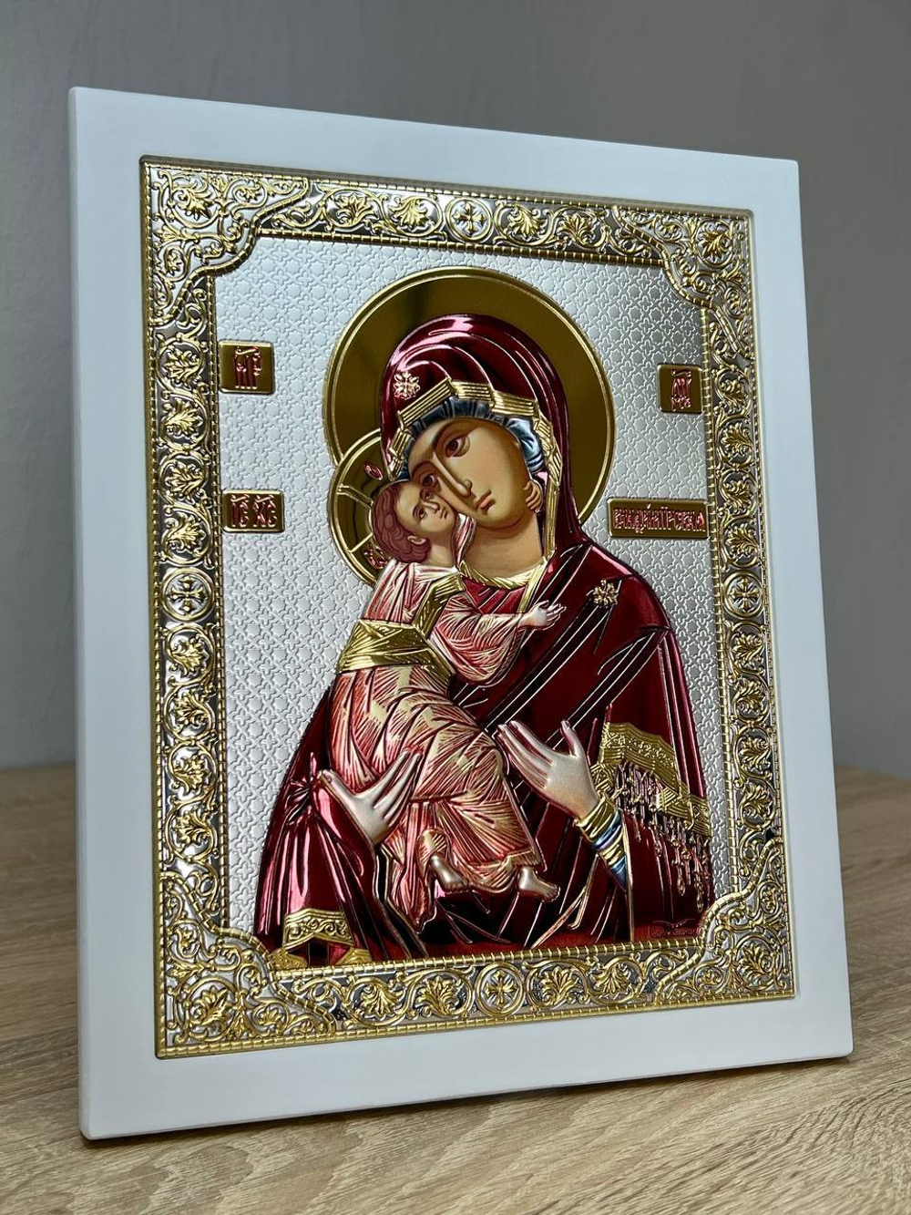 Владимирская БМ, икона прямоугольная с рамкой, белое дерево, эмаль 210х260