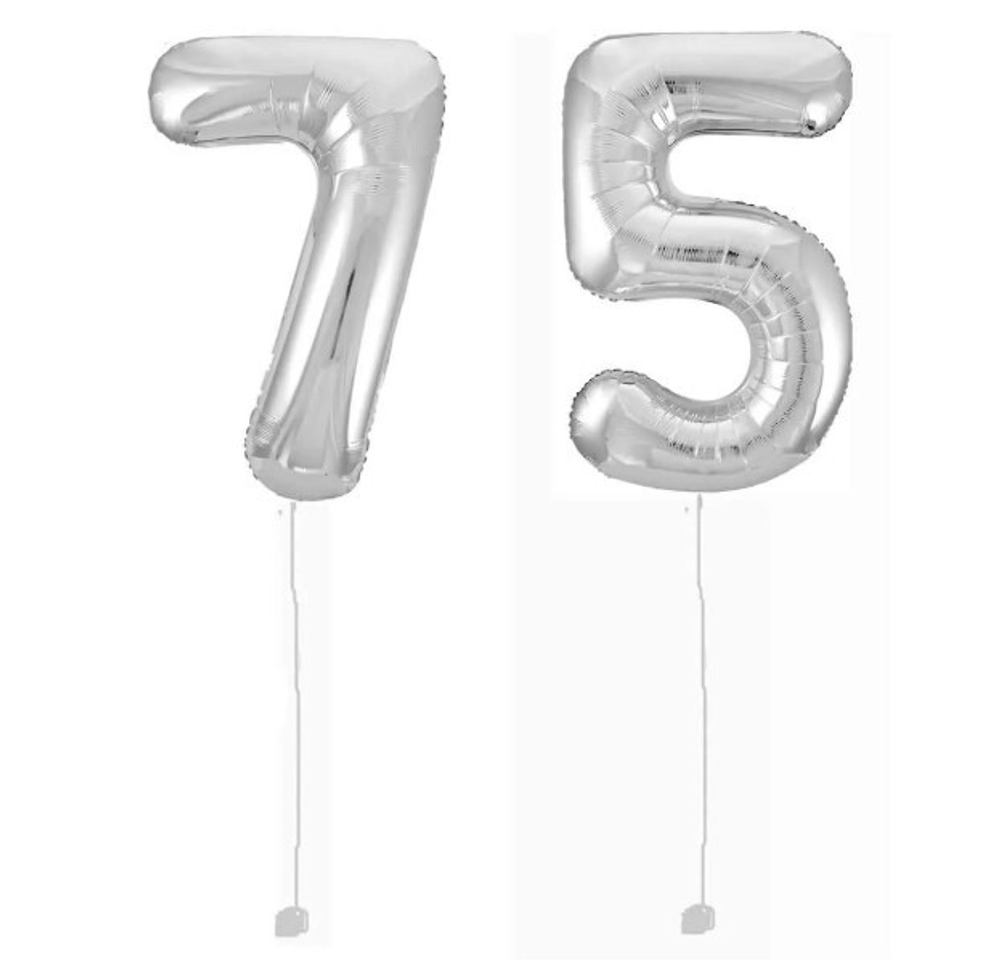 Шар-цифра 75 Серебро Silver 102 см фольга с гелием на грузике