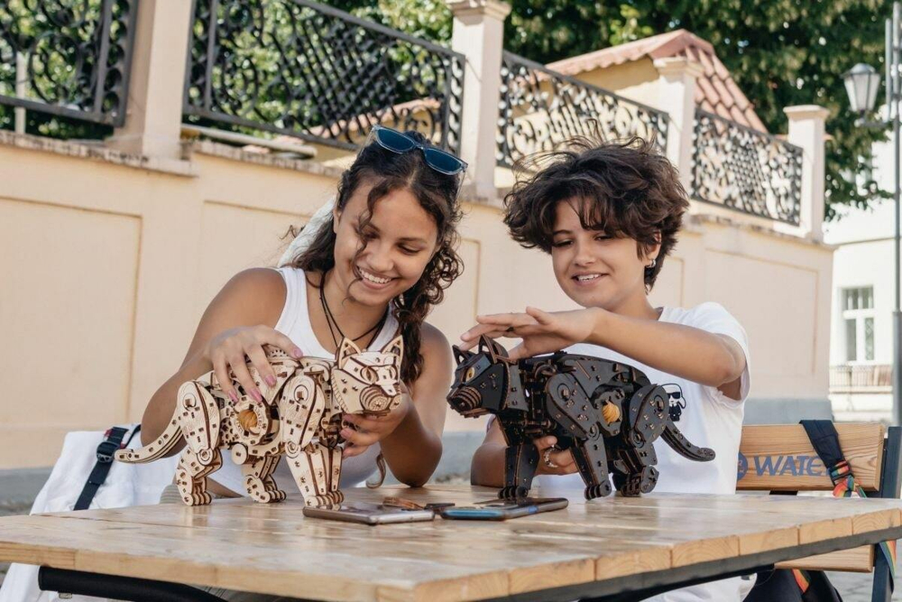 Механический Черный Кот от Eco Wood Art (EWA) - Деревянный конструктор, сборная механическая модель, 3D Пазл