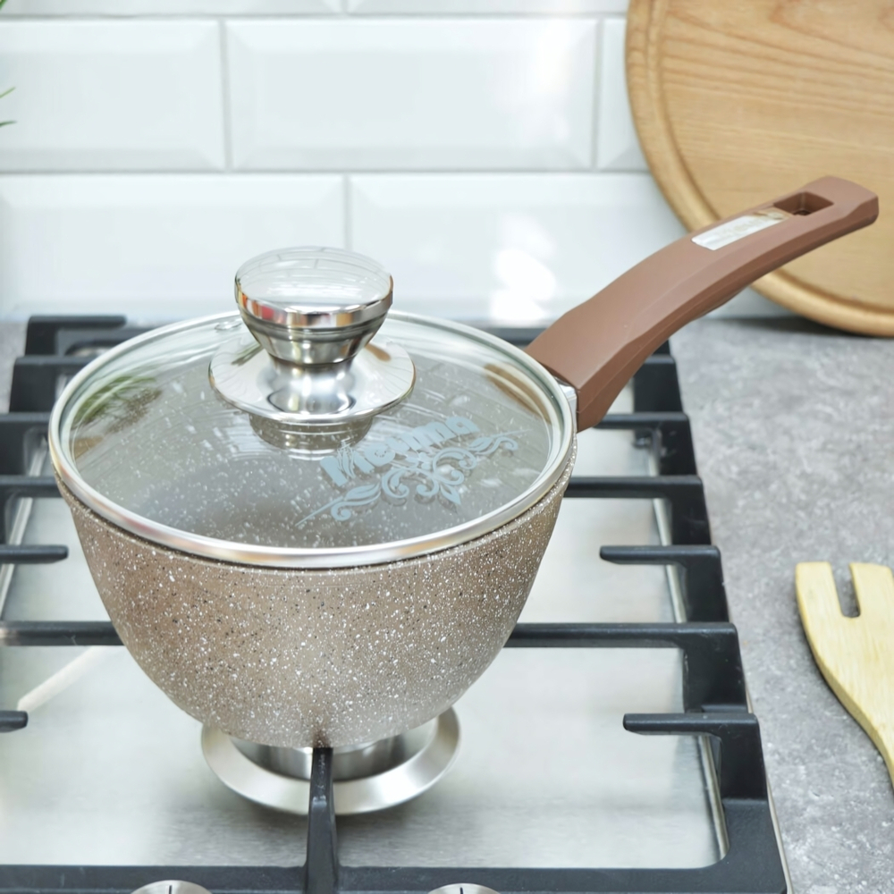 Ковш 1,2л Гранит коричневый с несъемной ручкой и стеклянной крышкой