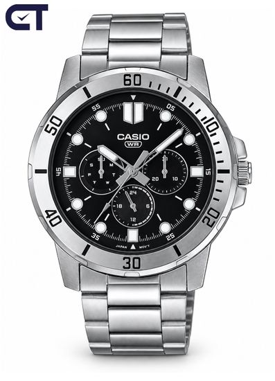 CASIO MTP-VD300D-1E CASIO Collection мужские наручные часы — чёрный циферблат, три индикатора и выразительный стальной дизайн