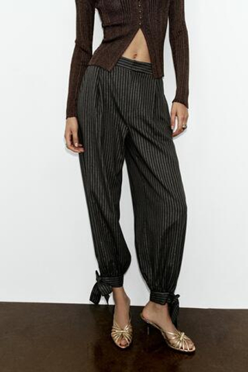ZARA БРЮКИ С БАНТАМИ И МЕТАЛЛИЗИРОВАННОЙ НИТЬЮ, ЧЕРНЫЙ/ЗЕЛЕНЫЙ