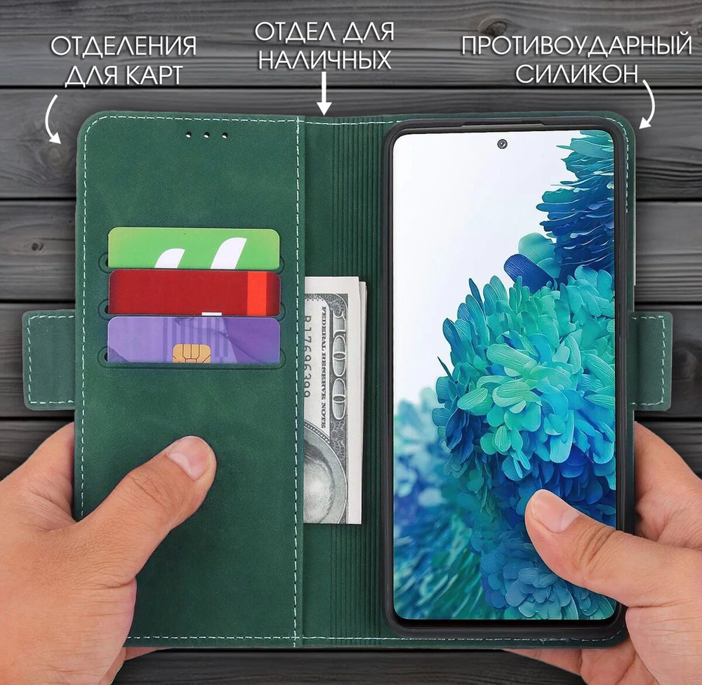 Стильный чехол-книжка из кожи для POCO X5 PRO (не X5!) с отделом для наличных, 3 слотами для карт и подставкой