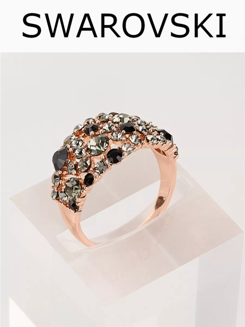 Позолоченное кольцо Россыпь из черно-серых камней Swarovski