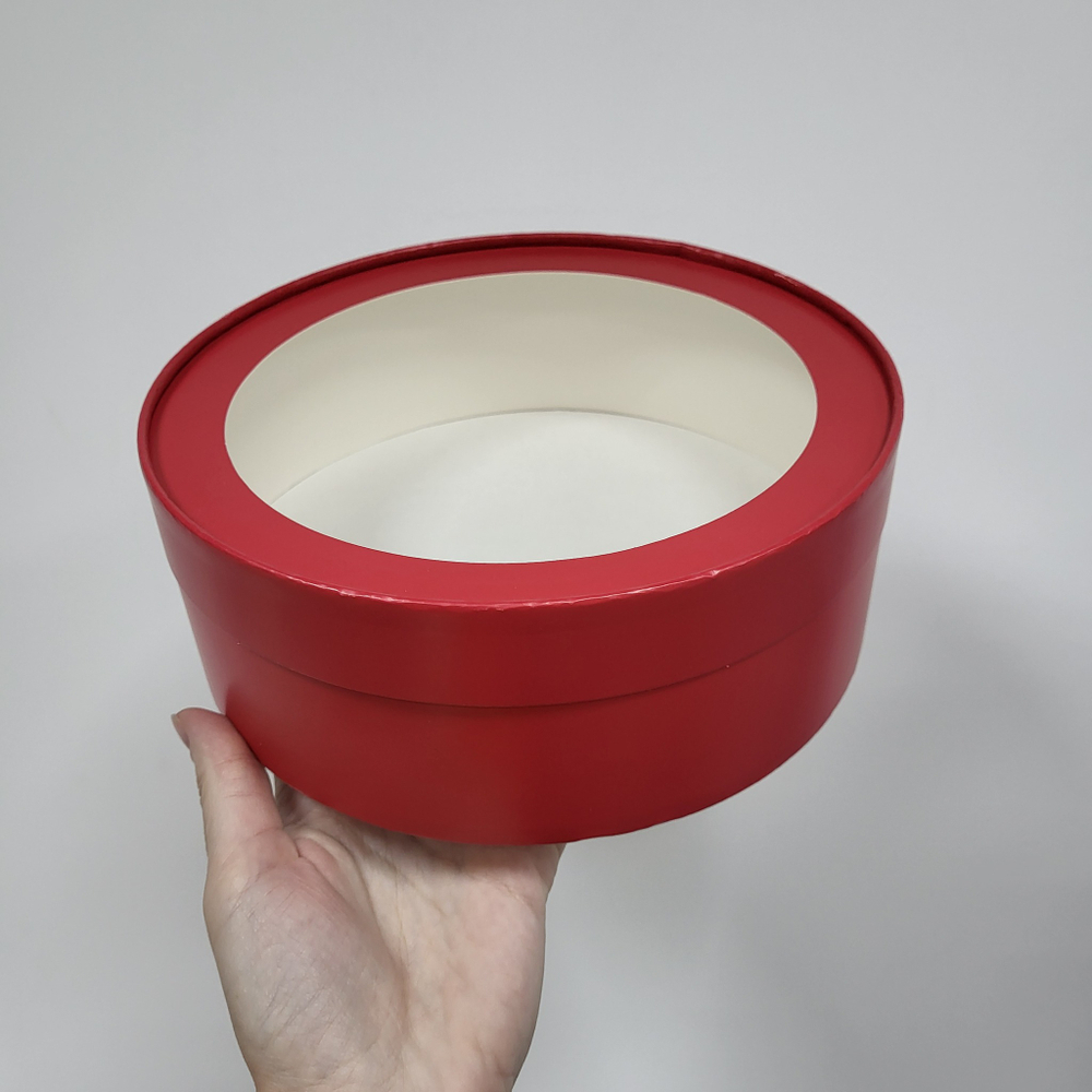 Коробка ТУБУС с окном d=20 см h=7 см (КРАСНАЯ МАТОВАЯ)
