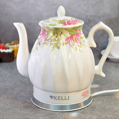 Чайник электрический 2л KELLI KL-1381, керамический корпус, цвет белый с декором