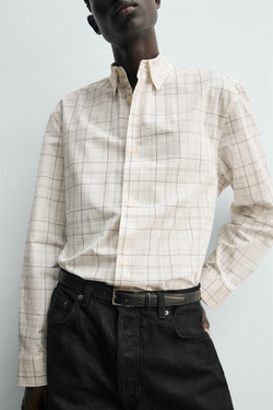 ZARA РУБАШКА RELAXED FIT В КЛЕТКУ, БЕЛЫЙ