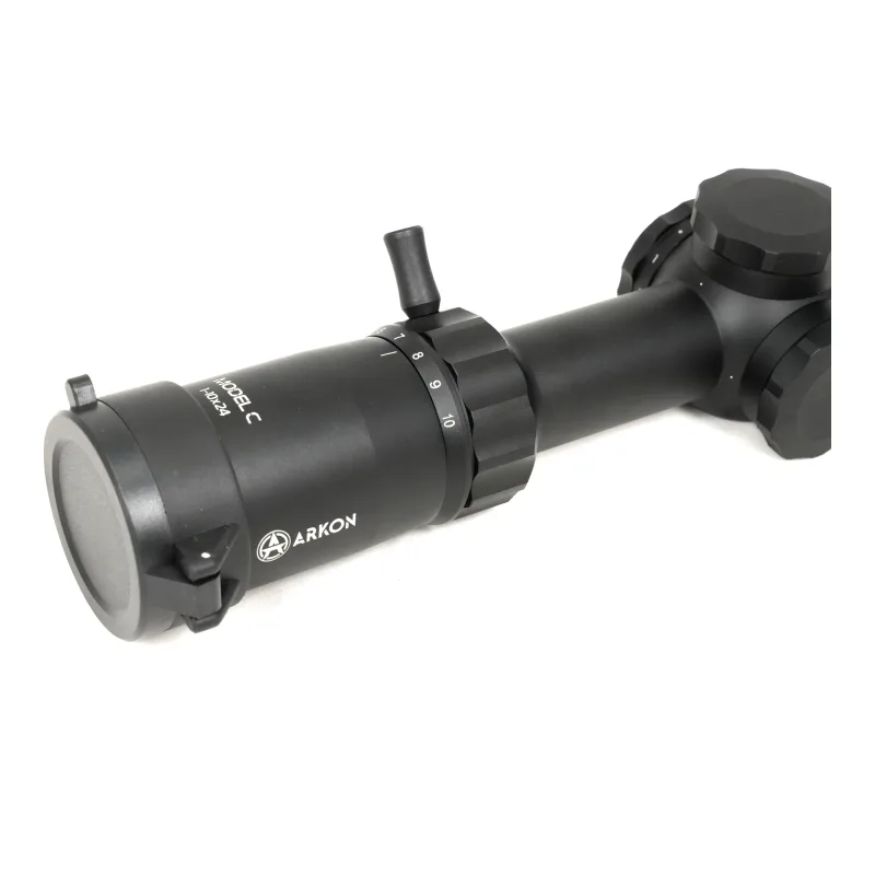 Оптический прицел ARKON Model C 1-10x24 MC9-2DMRAD - вид со стороны окуляра и рычага изменения кратности