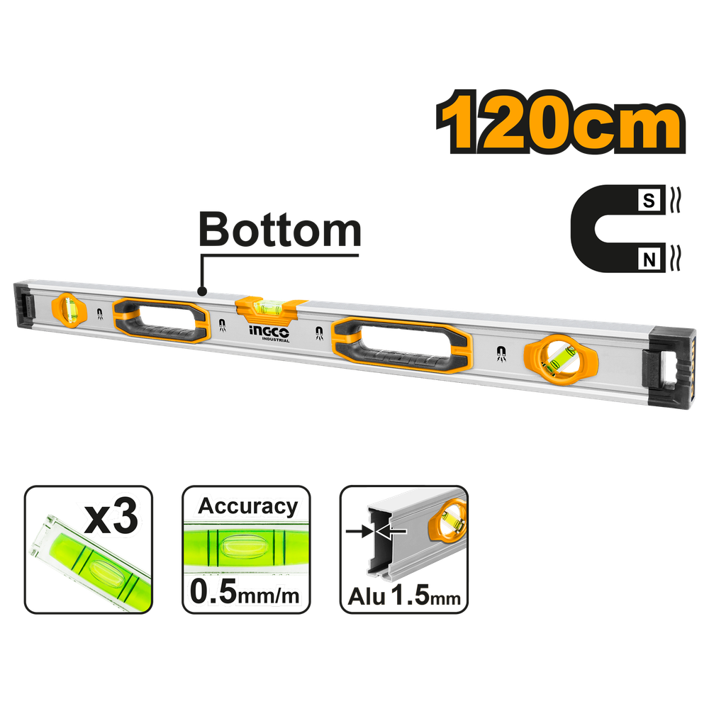 Строительный алюминиевый уровень магнитный INGCO HSL38120M INDUSTRIAL 120 см Строительный алюминиевый уровень магнитный INGCO HSL38120M INDUSTRIAL 120 см