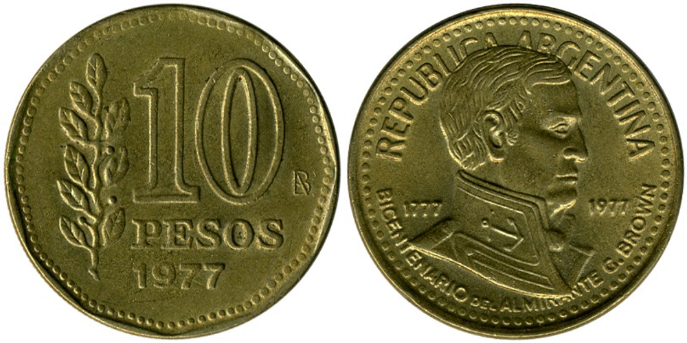 Аргентина 10 песо, 1977 200 лет со дня рождения Гильермо Брауна UNC