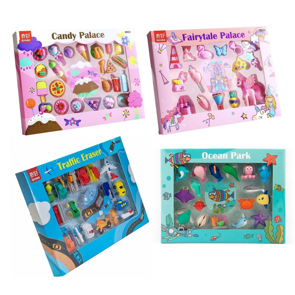 Ластик Qihao, фигурный, разборный, в коробке (Trafic, fairytale, candy, ocean), набор 15-21 шт