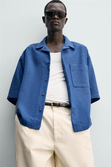ZARA РУБАШКА BOXY FIT ИЗ РЕЛЬЕФНОЙ ТКАНИ, ЯРКО-СИНИЙ