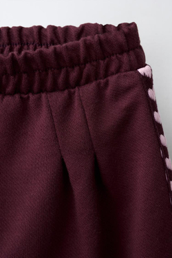 ZARA БРЮКИ WIDE LEG ИЗ ТРИКОТАЖА С ЛАМПАСАМИ И СЕРДЦАМИ, ТЕМНО-БОРДОВЫЙ
