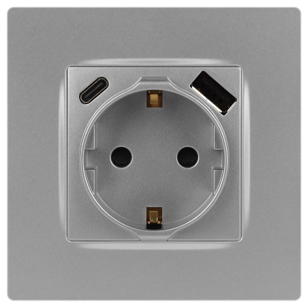Розетка ЭРА Серия 12 12-4108-03 2P+E 16A-250В со шторками с USB type-A+C 5В-3А алюминий | Эра 12