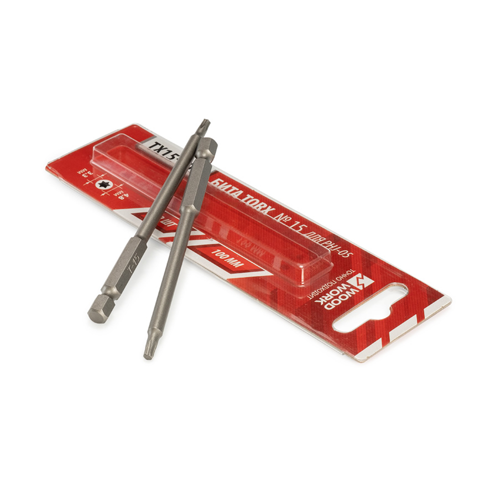 Набор бит 2 шт TORX-T15 №2 WOODWORK для саморезов, длина 100 мм, для кондуктора PHJ-05 TX15-100