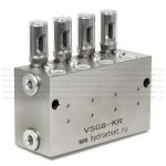 VSG8-KR - Питатель для двухлинейных систем смазки с рабочим давлением 400 бар, количество выходов 8, максимальная доза 2,3 мл/цикл, с регулятором и индикатором