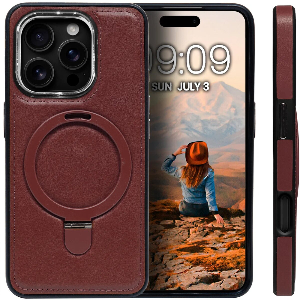 Business style чехол из кожи для IPHONE 16 PRO с кольцом-подставкой и бархатной подкладкой