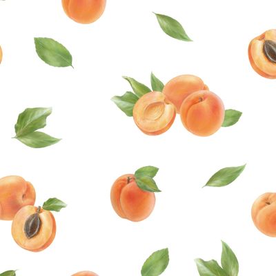 Pattern, ripe apricots with green leaves, watercolor illustration