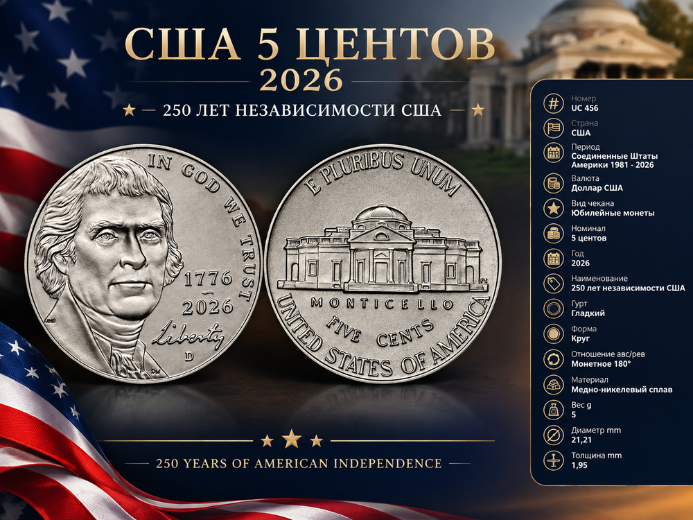 США 5 центов, 2026 D 250 лет независимости UNC