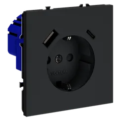 Розетка с USB A+C с заземлением и защитными шторками Voltum S70 Графит VLS040507