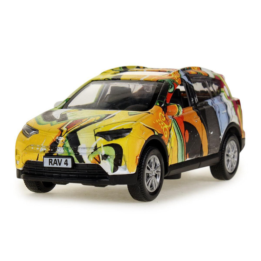 Модель ин. мет. "Toyota Rav4. Граффити" 12см, двери, багаж, ассорт, коробка RAV4-12SRT-SUP (Технопарк)