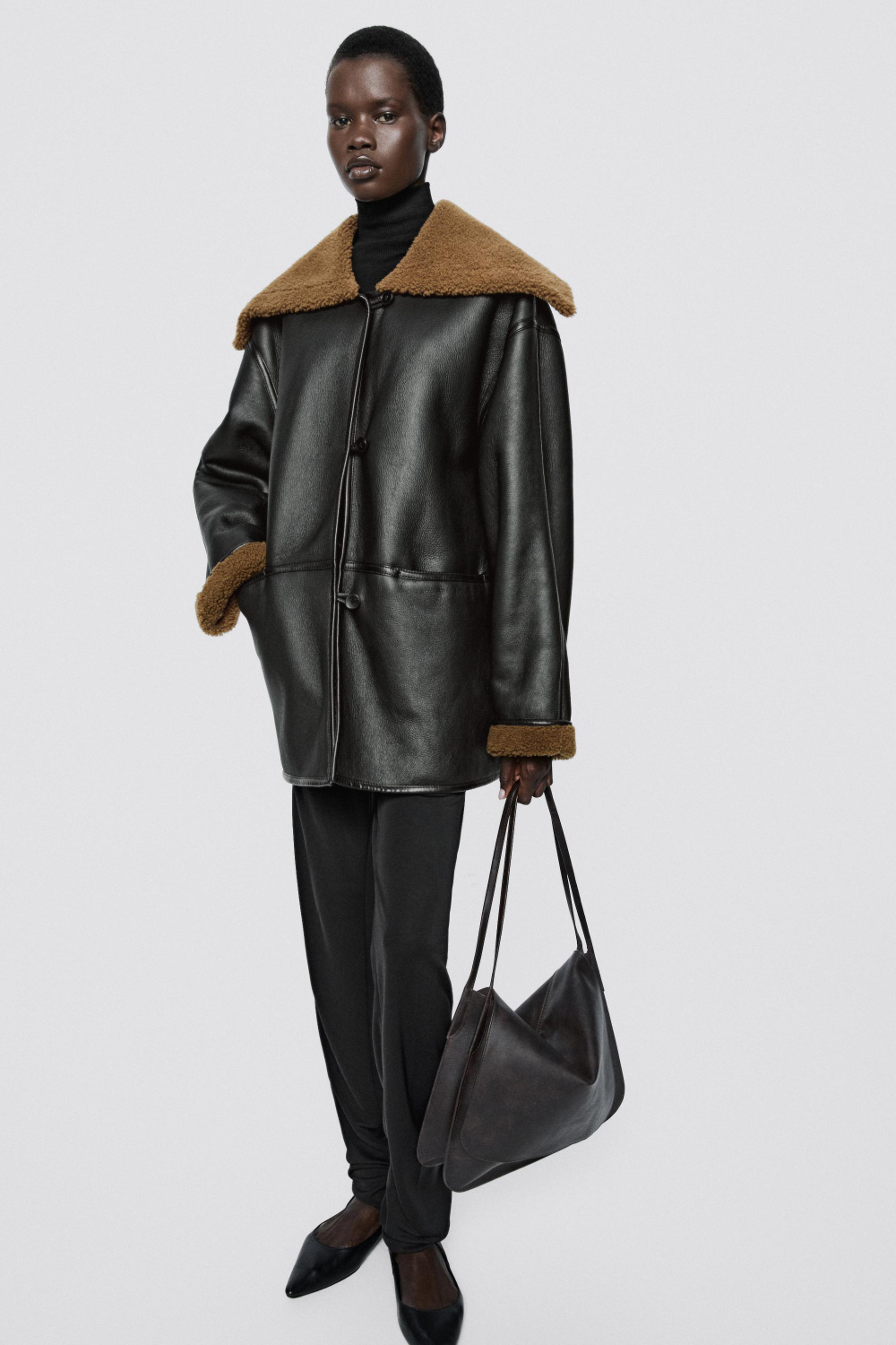 Massimo Dutti Кожаная куртка-дубленка с меховой отделкой - Limited Edition, коричневый