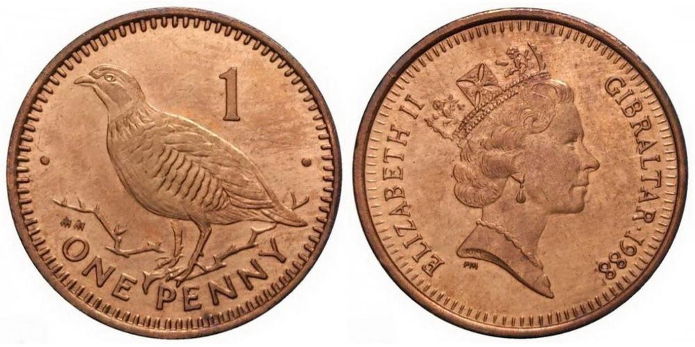 Гибралтар 1 пенни, 1988 Куропатка XF