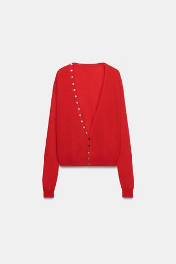 ZARA КАРДИГАН ИЗ СВЕРХМЯГКОЙ 100% ШЕРСТИ С V-ОБРАЗНЫМ ВЫРЕЗОМ, КРАСНЫЙ