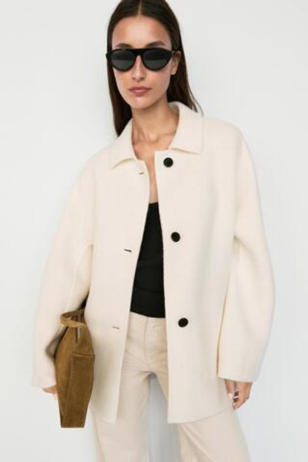Massimo Dutti Однобортное пальто средней длины из шерстяной смеси, экрю