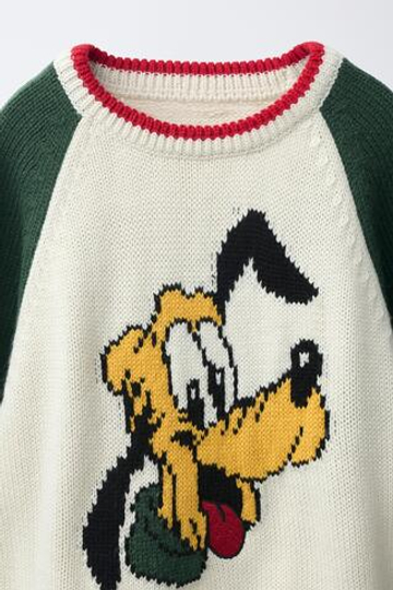 ZARA ДЖЕМПЕР С ВЫШИВКОЙ PLUTO И MICKEY MOUSE © DISNEY, ЗЕЛЕНЫЙ/ЭКРЮ