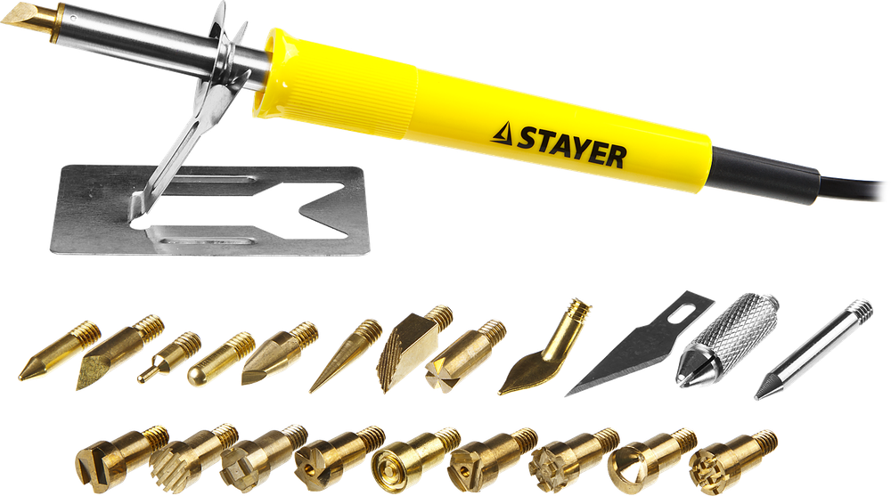 45227 Прибор для выжигания «Stayer» с набором насадок 20 шт. 3 в 1 выжигание, пайка, резка