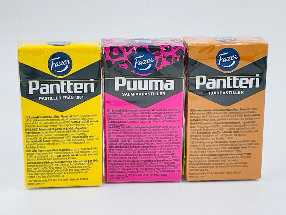 Пастилки лакричные с салмиакком (3 шт по 38 г) Fazer Pantteri и Puuma, 114 г (из Финляндии)