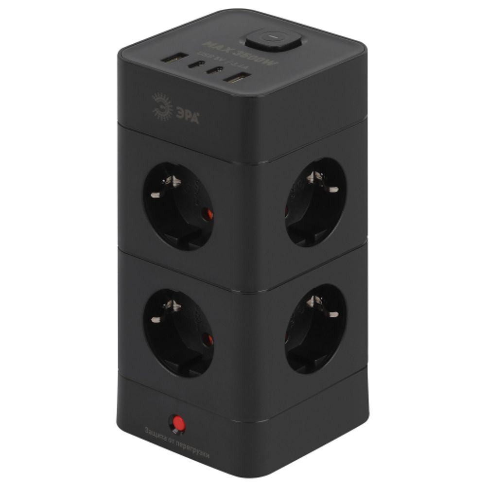 Сетевой фильтр ЭРА TWR-8es-1,5m-4USB-B башня с защитой заземлением с выключателем 8 розеток+4xUSBA+C 1,5м 16А черный | Электротовары