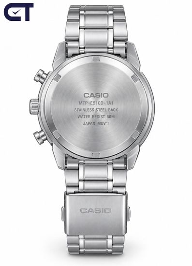 CASIO MTP-E510D-1A1 CASIO Collection мужские наручные часы — чёрный циферблат, хронограф 1/10 секунды и стальной браслет