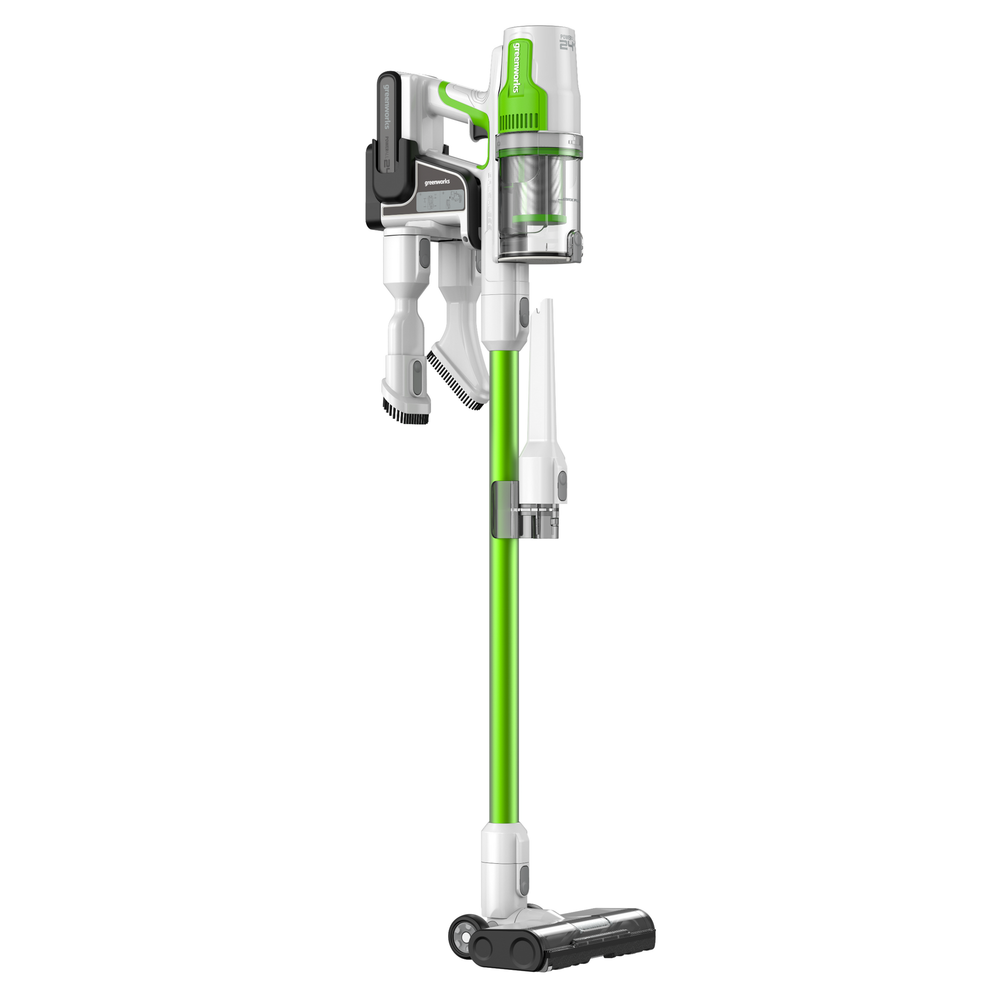 Пылесос вертикальный акк. Greenworks SV24532, 24V, б/щет, 350 Вт, 21 кПа, электрощетка, 3 насадки, LED, белый+зеленый, 1х4Ач и ЗУ (4702007UB)