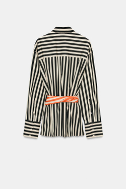 ZARA РУБАШКА В ПОЛОСКУ С КОНТРАСТНЫМ ПОЯСОМ, ЭКРЮ/ЧЕРНЫЙ
