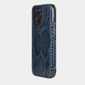 Чехол-книжка кожаная для iPhone 16 Pro, питон синего цвета