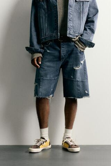 ZARA ДЖИНСОВЫЕ ШОРТЫ BAGGY FIT СО ШВАМИ, СИНИЙ