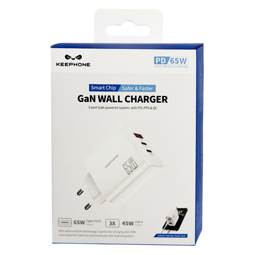 Сетевое зар. устр. Keephone CH-23121 GaN 1USB/2C 65W белое