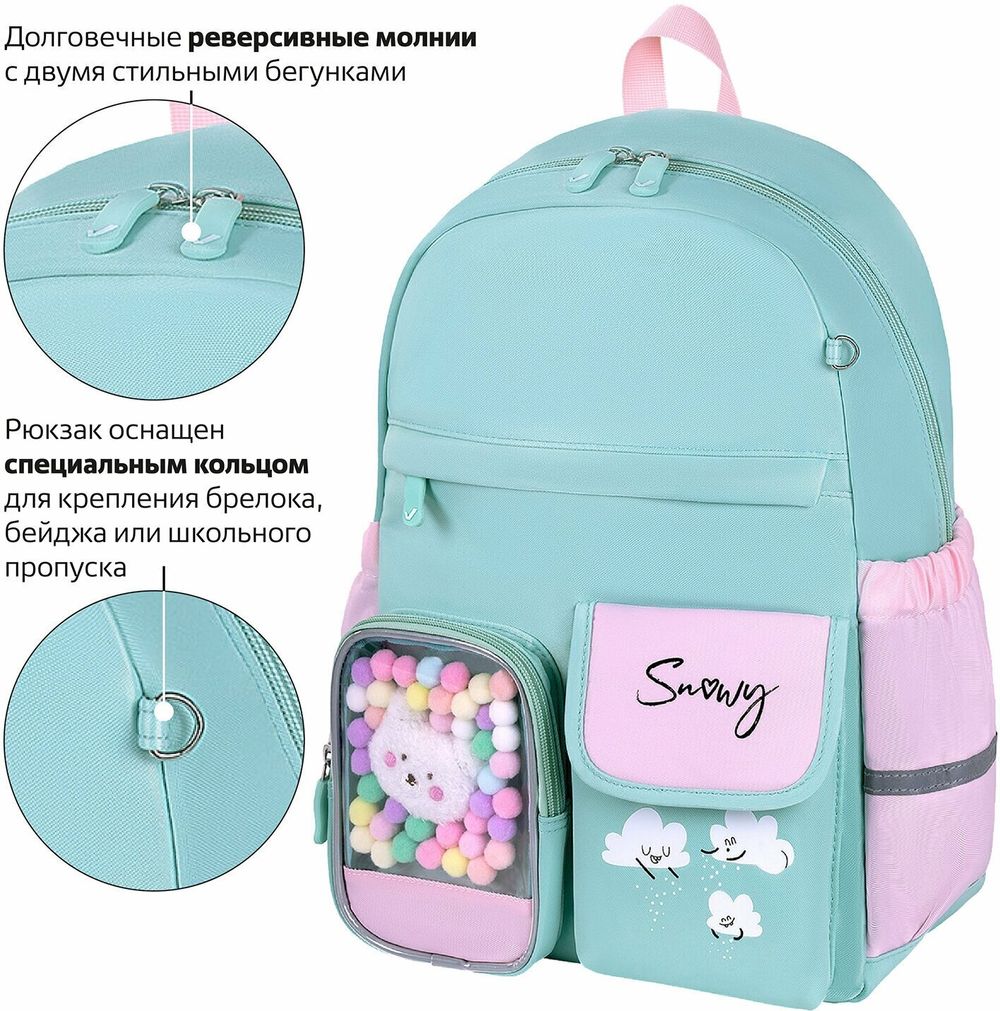 Рюкзак BRAUBERG PASTEL с термонашивками в комплекте, "Funny clouds", мятный, 40х29х14 см, 271421