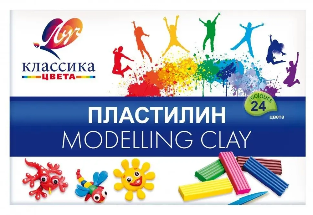 Пластилин, 24 цвета, 480 гр, стек, пластиковая коробка в картонном чехле, Классика, Луч.