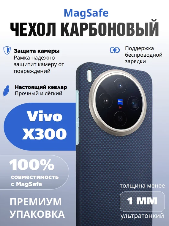 Карбоновый чехол для Vivo X300 с MagSafe синий (Blue) шахматное плетение