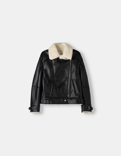 BERSHKA Куртка-дублена с подкладкой из искусственного меха, черный