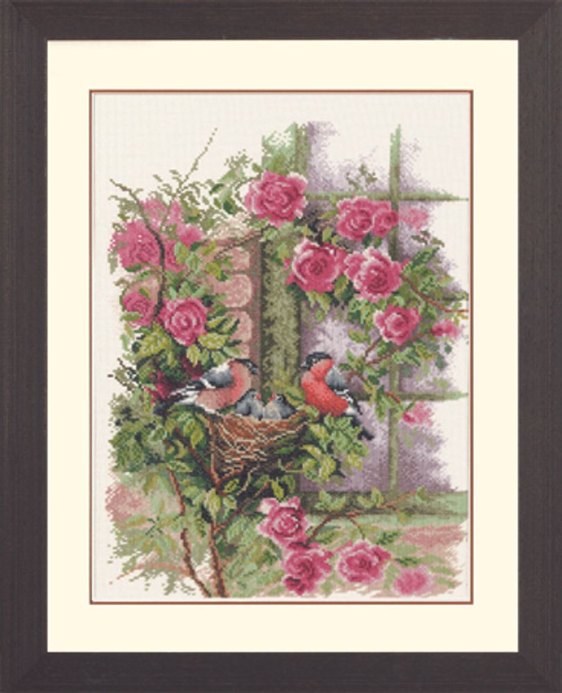 Набор для вышивания нитками Lanarte, Nesting Birds In Rambler Rose, 29х39 см