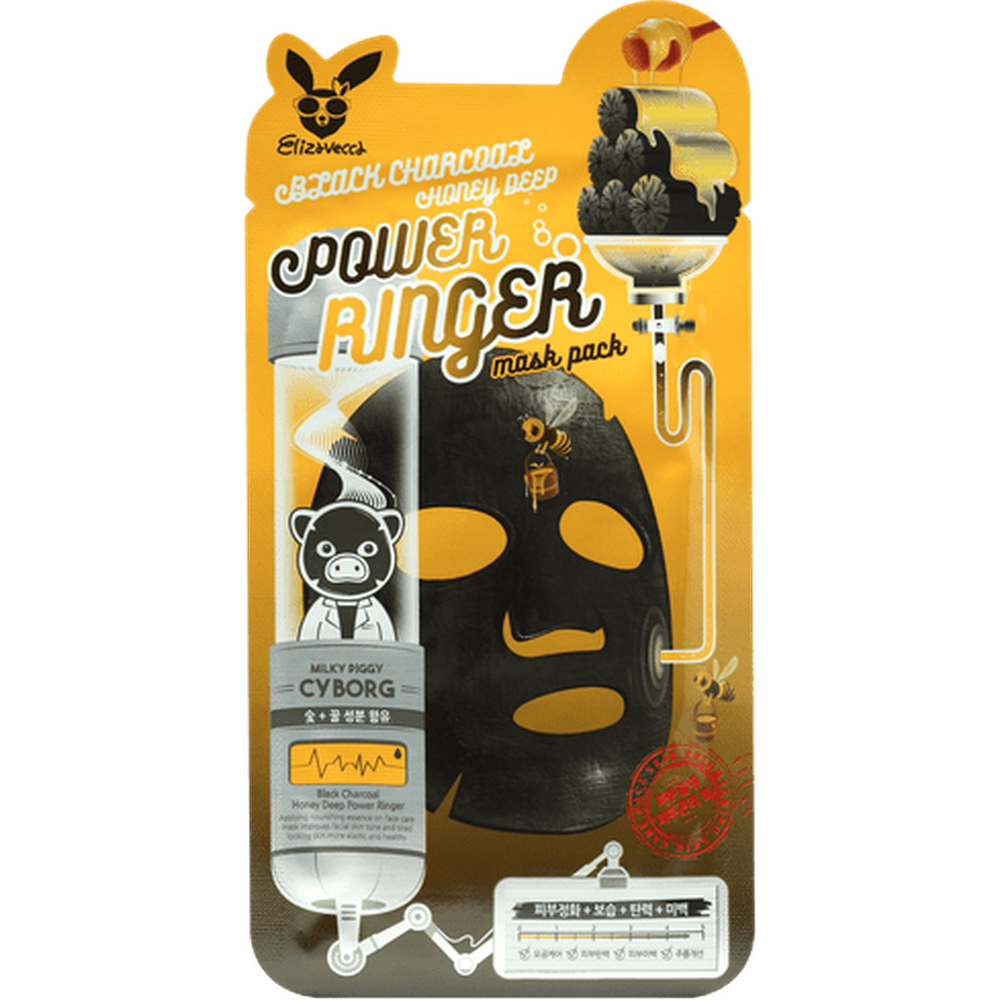 [Elizavecca] Тканевая маска для лица ДРЕВЕСНЫЙ УГОЛЬ Black Charcoal Honey Deep Power Ringer Mask Pack, 1шт
